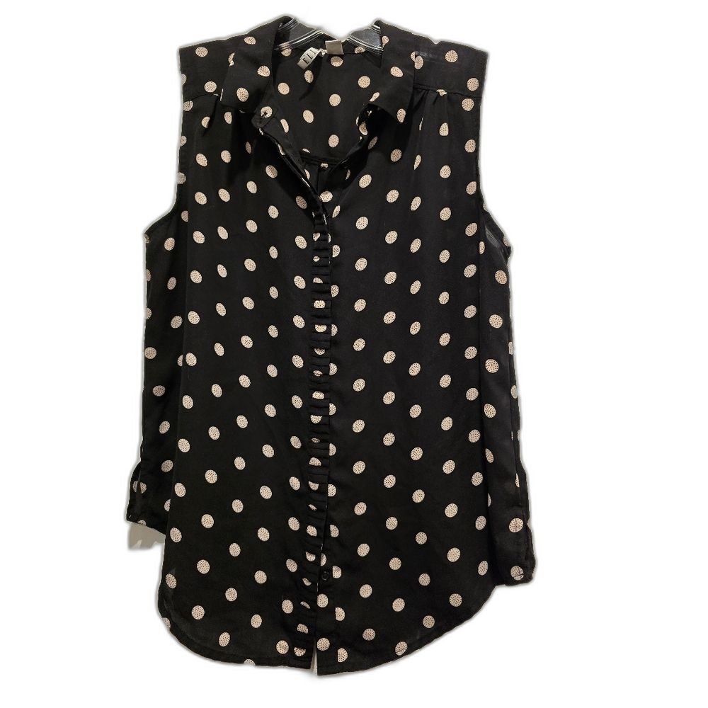 Elle Black and Cream Polka-Dot Button Down Sleeveless Blouse, Size XS